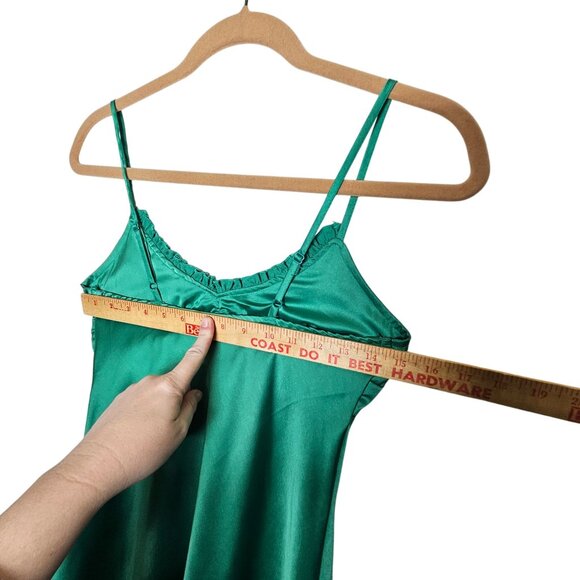 Japna XS Green Satin Slip Dress With Ruffled Details Side Slit Babydoll Side Zip - Picture 10 of 13